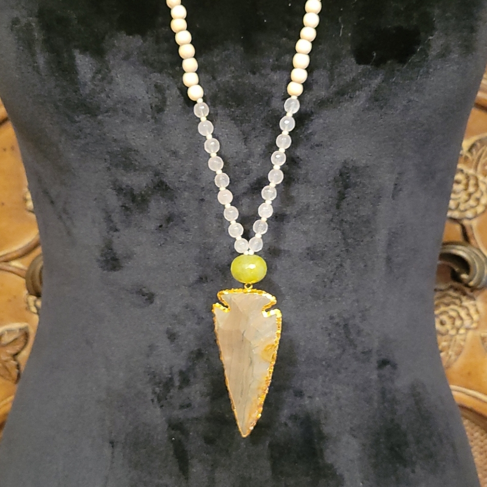 Rose Quartz Arrowhead, Wood and Glass Necklace